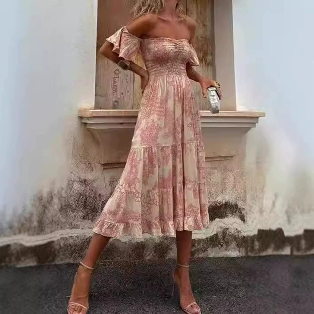 Spring Summer Printed Off Shoulder Strapless Sexy Casual Ruffle Sleeve Dress - Picture 4 of 6